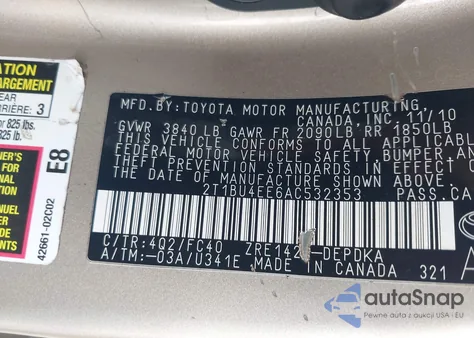 2010 Toyota Corolla Le z USA, uszkodzony, nr VIN 2T1BU4EE6AC532353